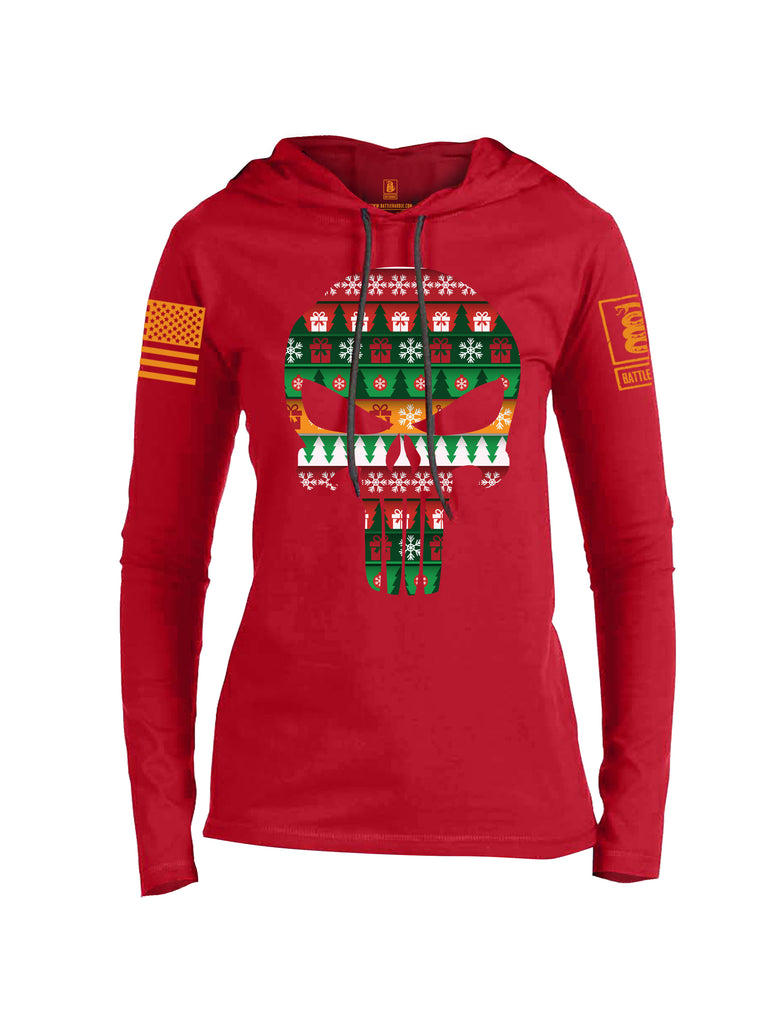 Battleraddle Expounder Skull Christmas Holiday Ugly Orange Sleeve Print Womens Thin Cotton Lightweight Hoodie