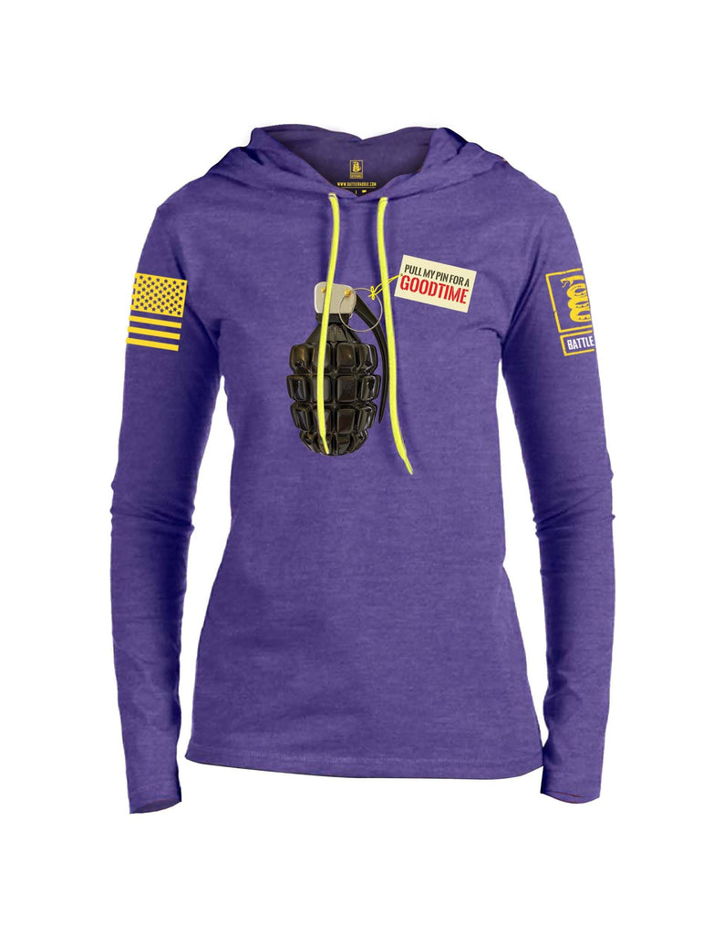 Battleraddle Pull My Pin For A Goodtime Yellow Sleeve Print Womens Thin Cotton Lightweight Hoodie shirt|custom|veterans|Apparel-Womens Hoodie-Cotton