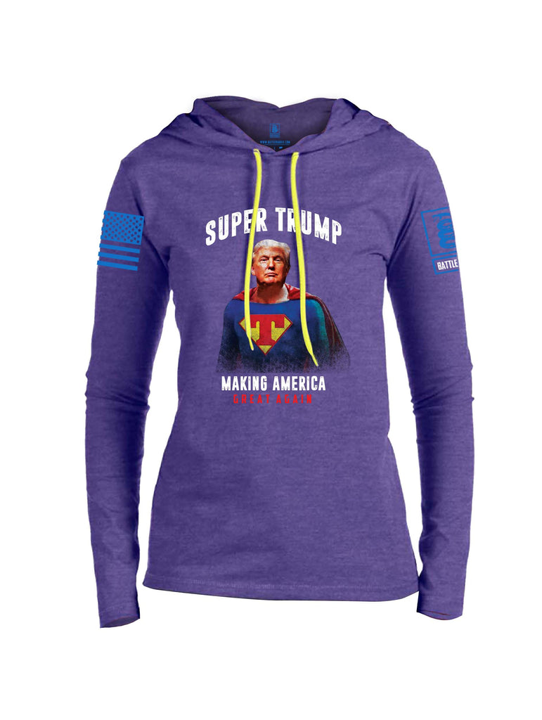 Battleraddle Super Trump Making America Great Again Blue Sleeve Print Womens Thin Cotton Lightweight Hoodie