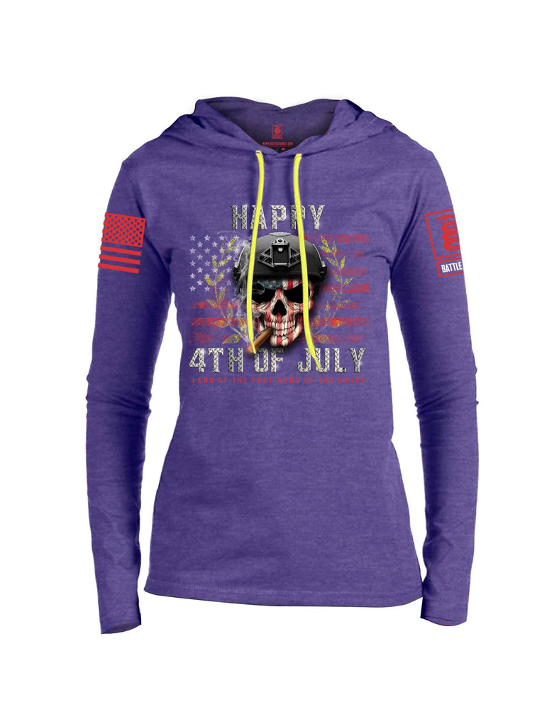 Battleraddle Happy 4th of July Land Of The Free Home Of The Brave Red Sleeve Print Womens Thin Cotton Lightweight Hoodie shirt|custom|veterans|Apparel-Womens Hoodie-Cotton