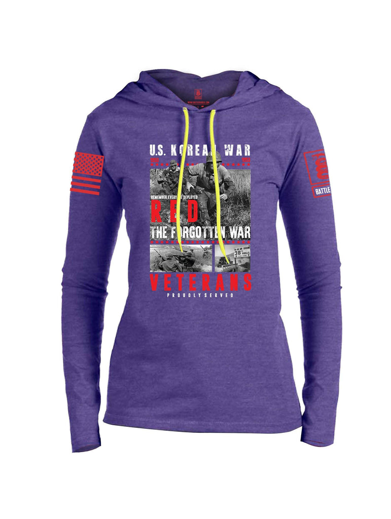 Battleraddle US Korean War RED Remember Everyone Deployed The Forgotten War Veterans Proudly Served Red Sleeve Print Womens Thin Cotton Lightweight Hoodie shirt|custom|veterans|Apparel-Womens Hoodie-Cotton