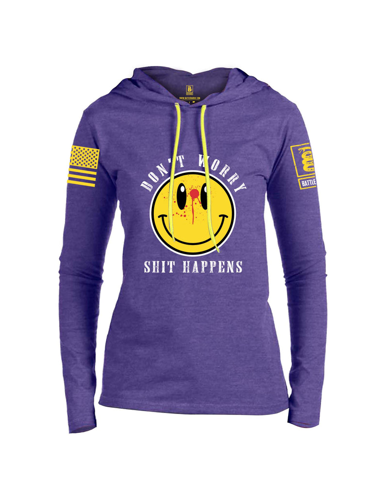 Battleraddle Dont Worry Shit Happens Yellow Sleeve Print Womens Thin Cotton Lightweight Hoodie