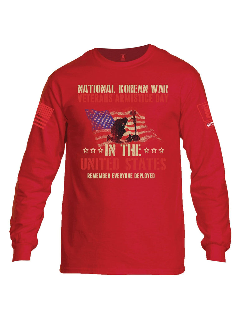 Battleraddle National Korean War Veterans Armistice Day In The United States Remember Everyone Deployed Red Sleeve Print Mens Cotton Long Sleeve Crew Neck T Shirt shirt|custom|veterans|Men-Long Sleeves Crewneck Shirt