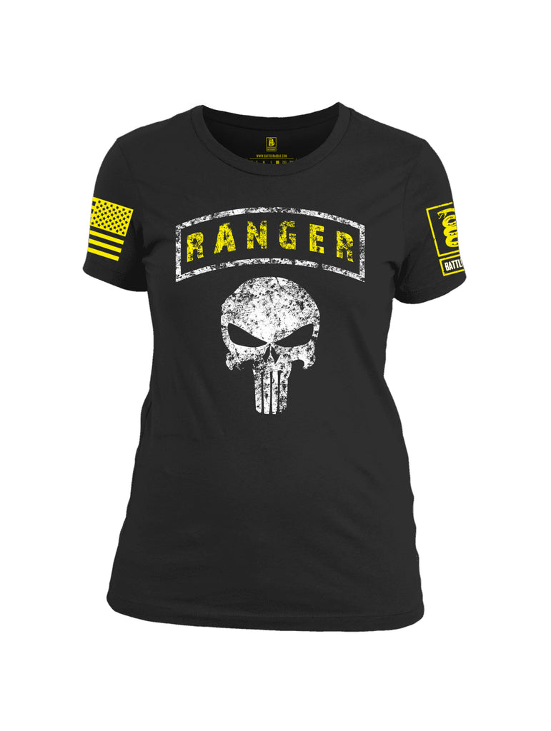 Battleraddle Ranger Tab Mr. Expounder Skull Yellow Sleeve Print Womens Cotton Crew Neck T Shirt