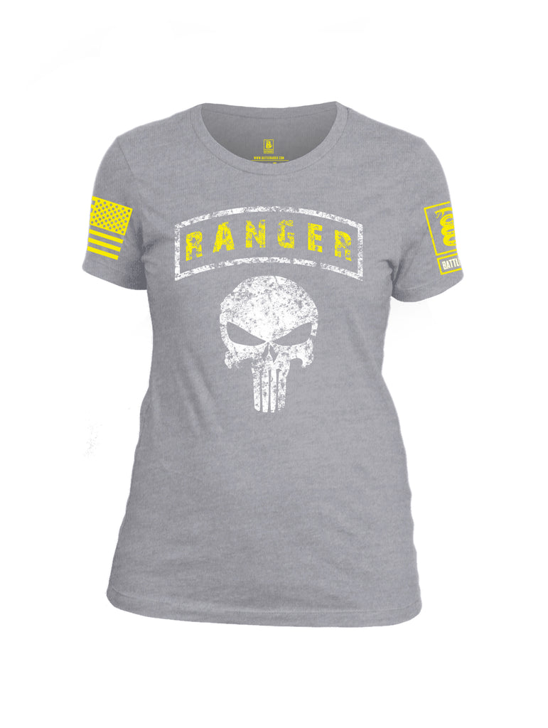 Battleraddle Ranger Tab Mr. Expounder Skull Yellow Sleeve Print Womens Cotton Crew Neck T Shirt