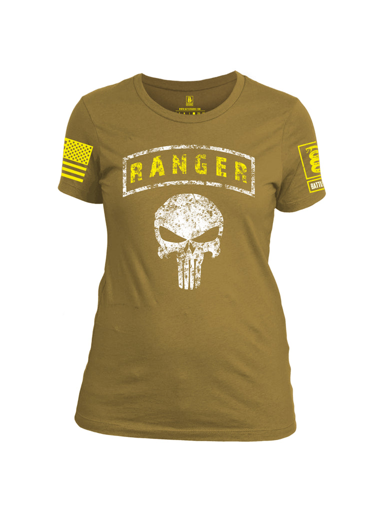 Battleraddle Ranger Tab Mr. Expounder Skull Yellow Sleeve Print Womens Cotton Crew Neck T Shirt