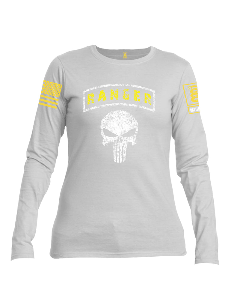 Battleraddle Ranger Tab Mr Expounder Skull Yellow Sleeve Print Womens Cotton Long Sleeve Crew Neck T Shirt