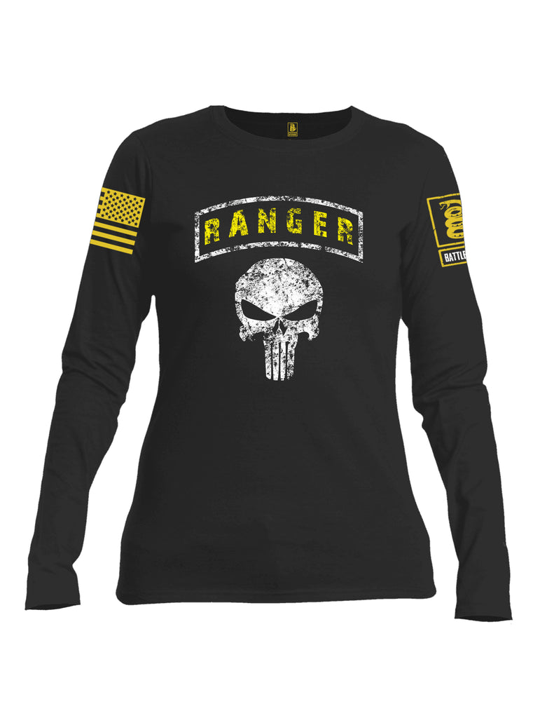 Battleraddle Ranger Tab Mr Expounder Skull Yellow Sleeve Print Womens Cotton Long Sleeve Crew Neck T Shirt