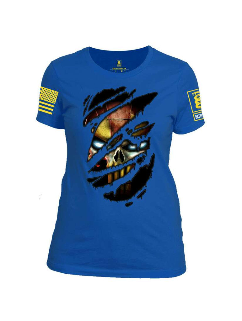 Battleraddle Mr Expounder Iron Skull Ripped Yellow Sleeve Print Womens 100% Battlefit Polyester Crew Neck T Shirt