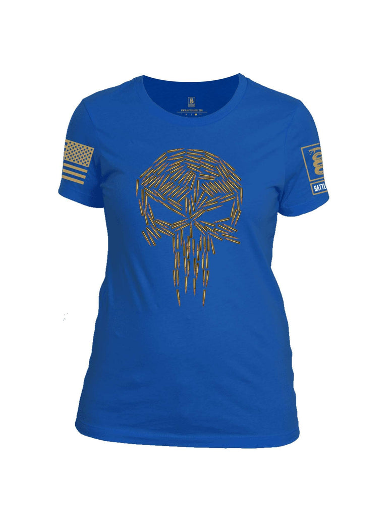 Battleraddle Mr. Expounder Brass Skull Bullets Brass Sleeve Print Womens 100% Battlefit Polyester Crew Neck T Shirt shirt|custom|veterans|Apparel-Womens Shirts-Polyester
