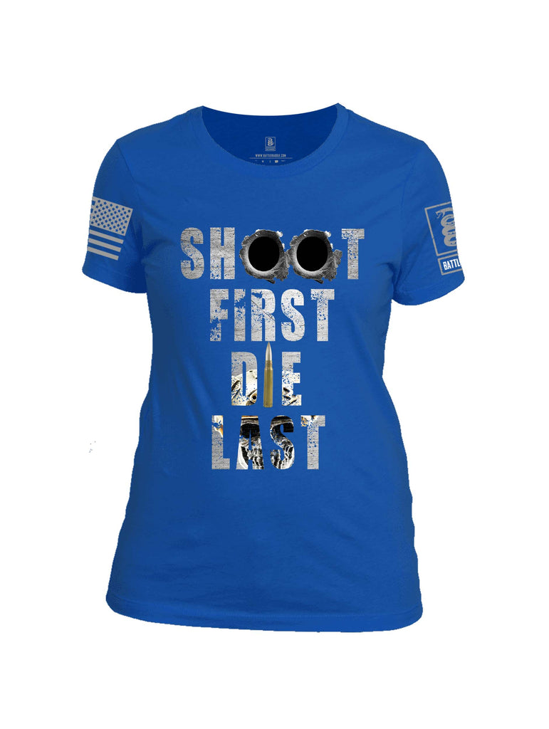 Battleraddle Shoot First Die Last Grey Sleeve Print Womens 100% Battlefit Polyester Crew Neck T Shirt