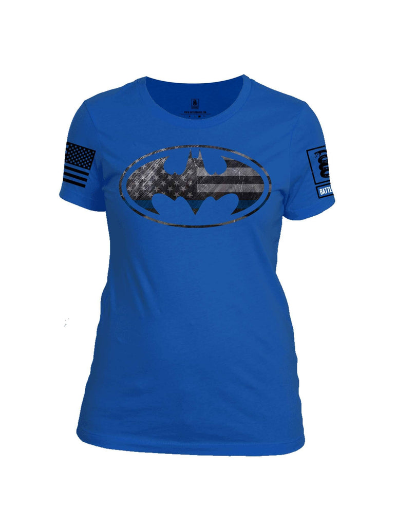 Battleraddle Bat Police Hero Blue Line USA Flag Black Sleeve Print Womens Cotton Crew Neck T Shirt shirt|custom|veterans|Apparel-Womens T Shirt-cotton