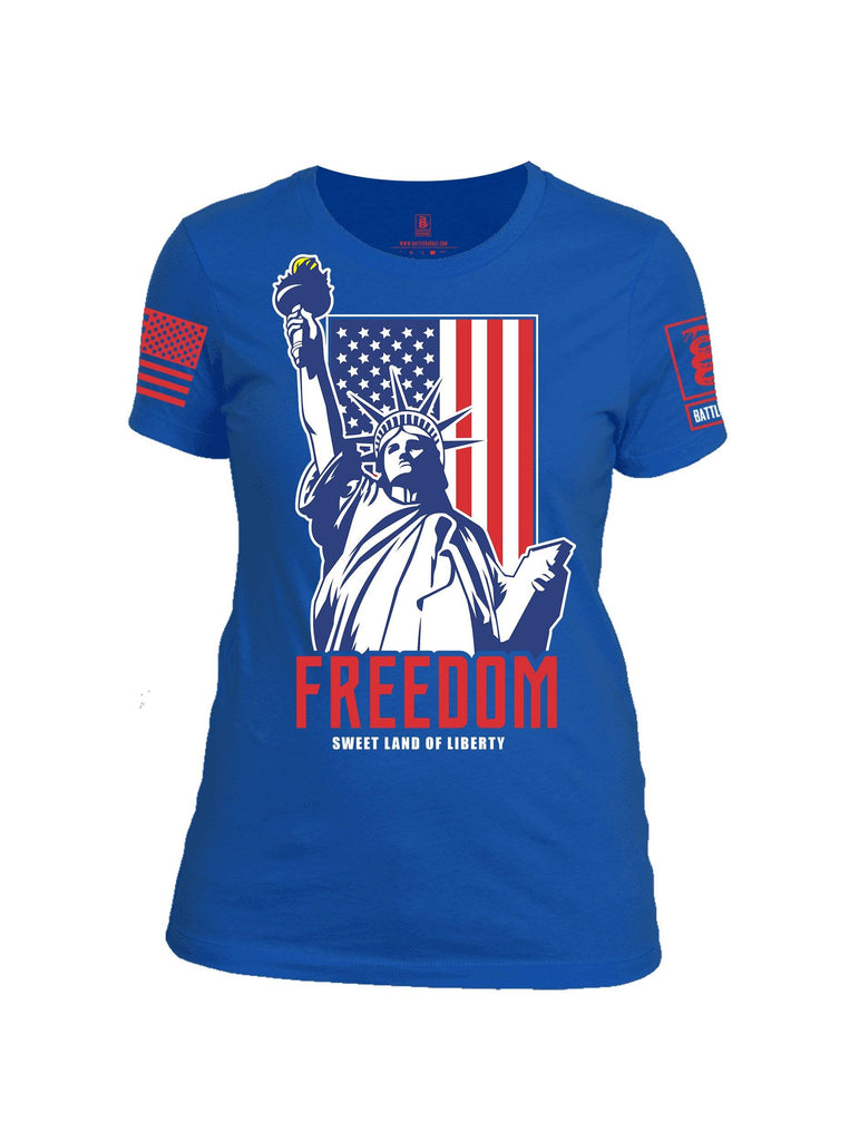 Battleraddle Freedom Sweet Land Of Liberty Red Sleeve Print Womens Cotton Crew Neck T Shirt shirt|custom|veterans|Apparel-Womens T Shirt-cotton