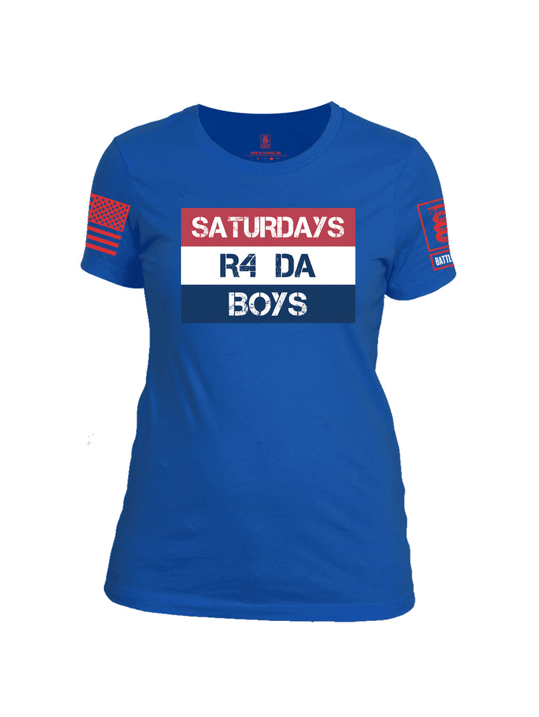 Battleraddle Saturdays R4 Da Boys Red Sleeve Print Womens 100% Battlefit Polyester Crew Neck T Shirt