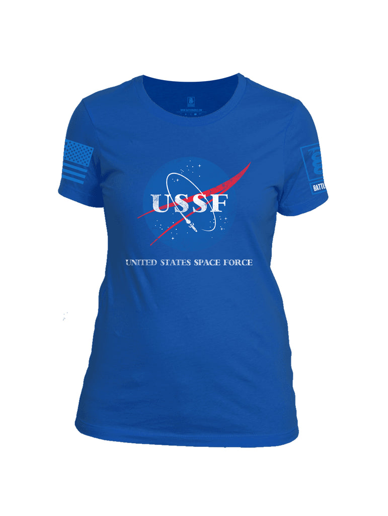 Battleraddle United States Space Force Blue Sleeve Print Womens 100% Battlefit Polyester Crew Neck T Shirt