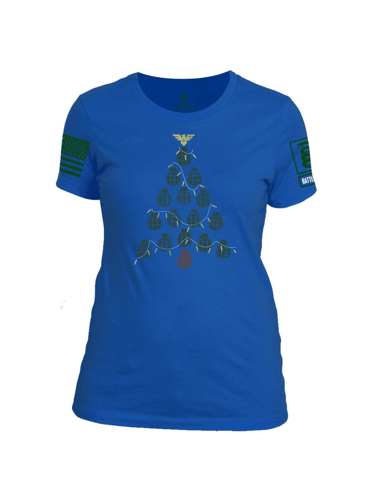 Battleraddle Christmas Greenery Grenade Tree Bomb Green Sleeve Print Womens Cotton Crew Neck T Shirt