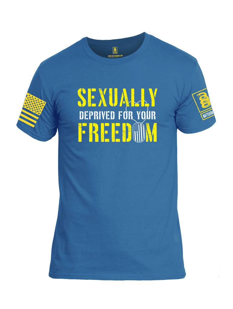 Battleraddle Sexually Deprived For Your Freedom Yellow Sleeve Print Mens Cotton Crew Neck T Shirt