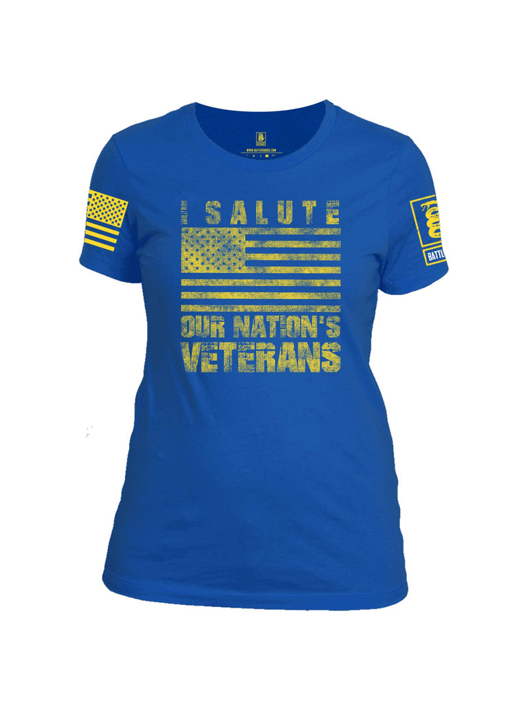 Battleraddle I Salute Our Nation's Veterans Yellow Sleeve Print Womens Cotton Crew Neck T Shirt