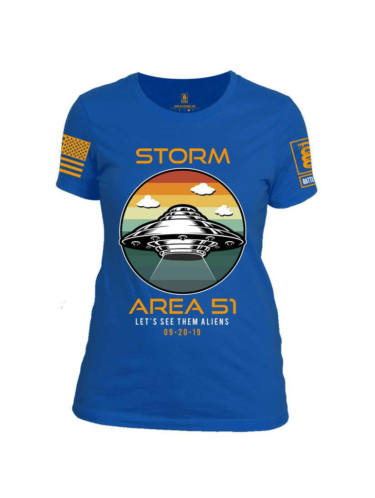 Battleraddle Storm Area 51 Let's See Them Aliens Orange Sleeve Print Womens Cotton Crew Neck T Shirt