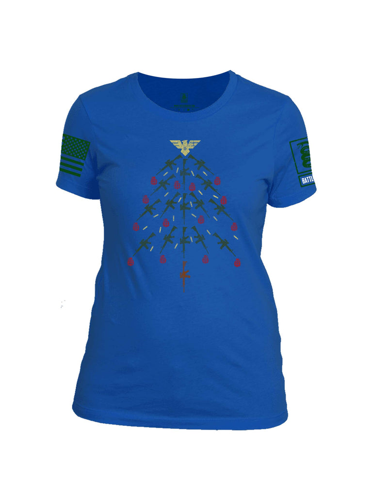 Battleraddle Christmas Rifle Tree Bomb Green Sleeve Print Womens Cotton Crew Neck T Shirt