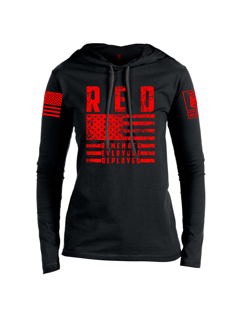 Battleraddle RED Remember Everyone Deployed Red Sleeve Print Womens Thin Cotton Lightweight Hoodie