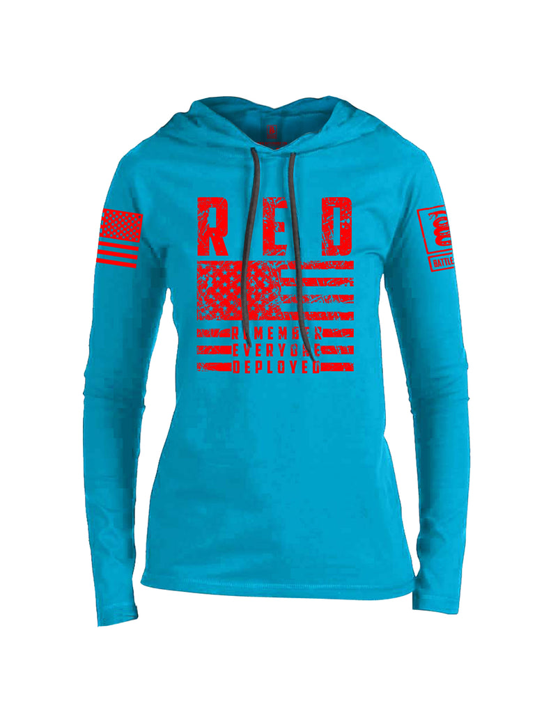 Battleraddle RED Remember Everyone Deployed Red Sleeve Print Womens Thin Cotton Lightweight Hoodie