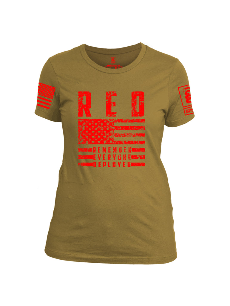 Battleraddle RED Remember Everyone Deployed Red Sleeve Print Womens Cotton Crew Neck T Shirt