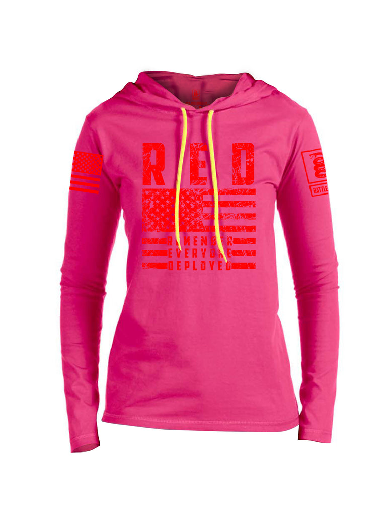 Battleraddle RED Remember Everyone Deployed Red Sleeve Print Womens Thin Cotton Lightweight Hoodie