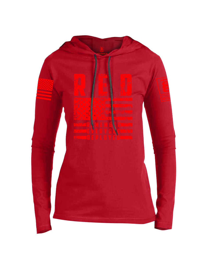 Battleraddle RED Remember Everyone Deployed Red Sleeve Print Womens Thin Cotton Lightweight Hoodie