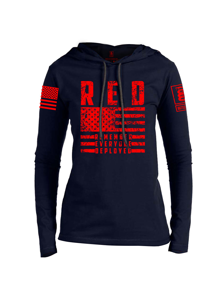 Battleraddle RED Remember Everyone Deployed Red Sleeve Print Womens Thin Cotton Lightweight Hoodie