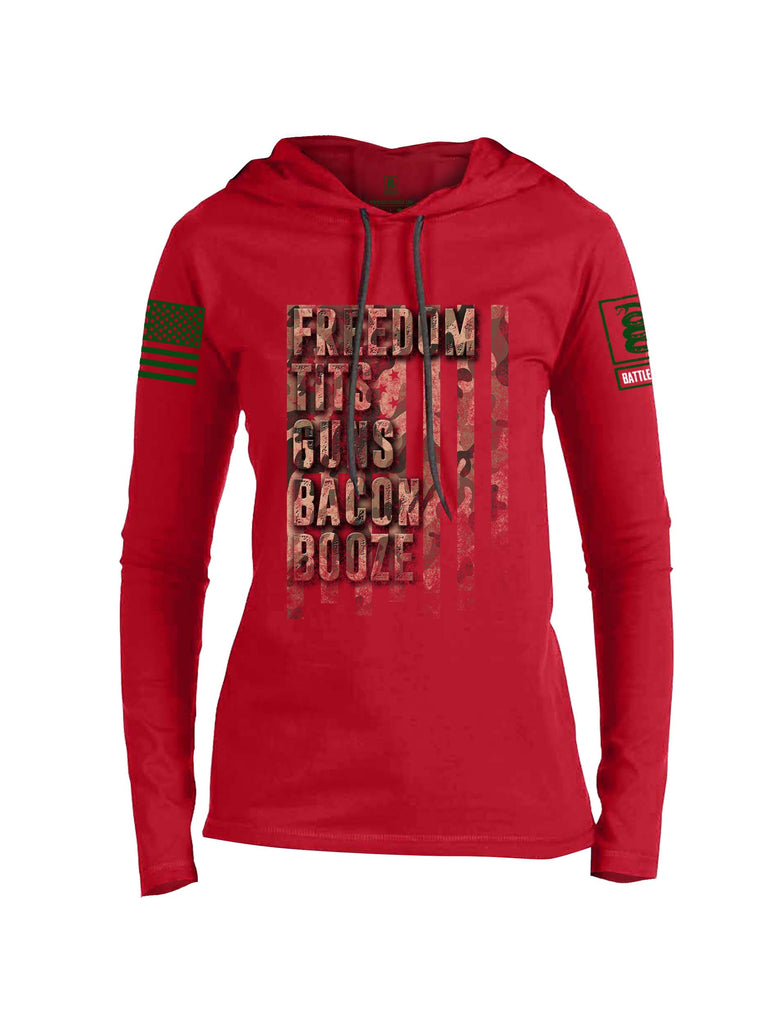 Battleraddle Freedom Tits Guns Bacon Booze Green Sleeve Print Womens Thin Cotton Lightweight Hoodie