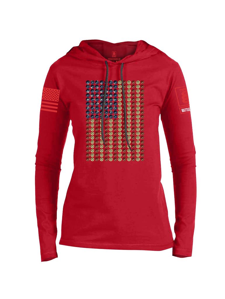 Battleraddle Bullet Casing USA Flag Red Sleeve Print Womens Thin Cotton Lightweight Hoodie