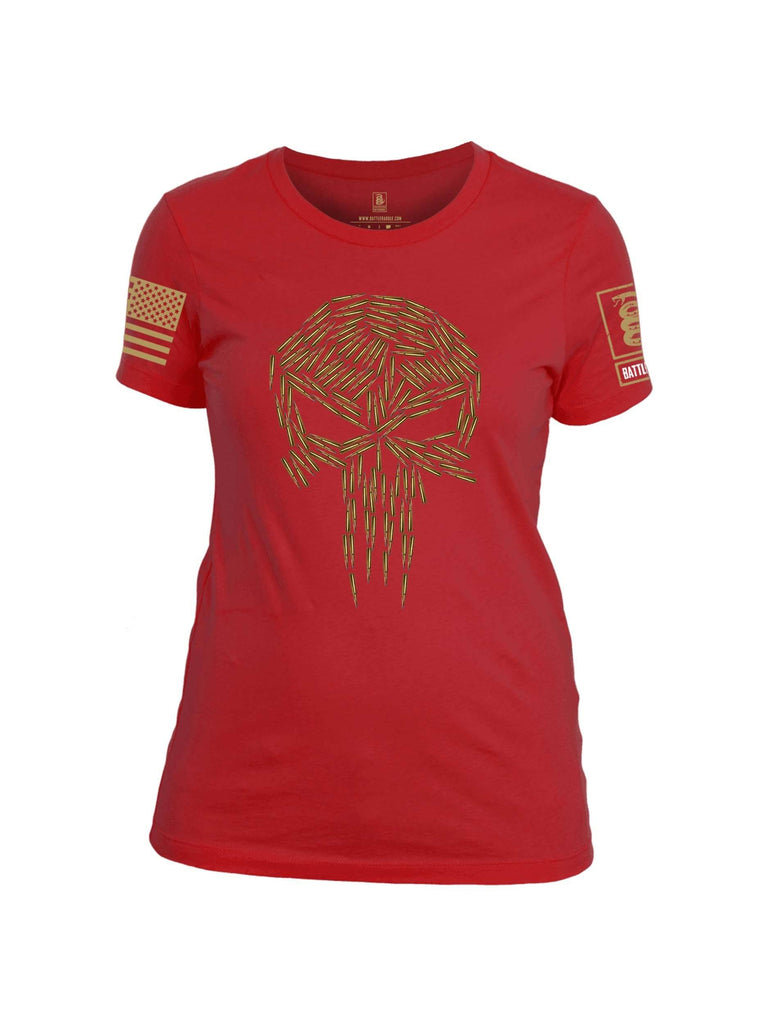 Battleraddle Mr. Expounder Brass Skull Bullets Brass Sleeve Print Womens 100% Battlefit Polyester Crew Neck T Shirt shirt|custom|veterans|Apparel-Womens Shirts-Polyester