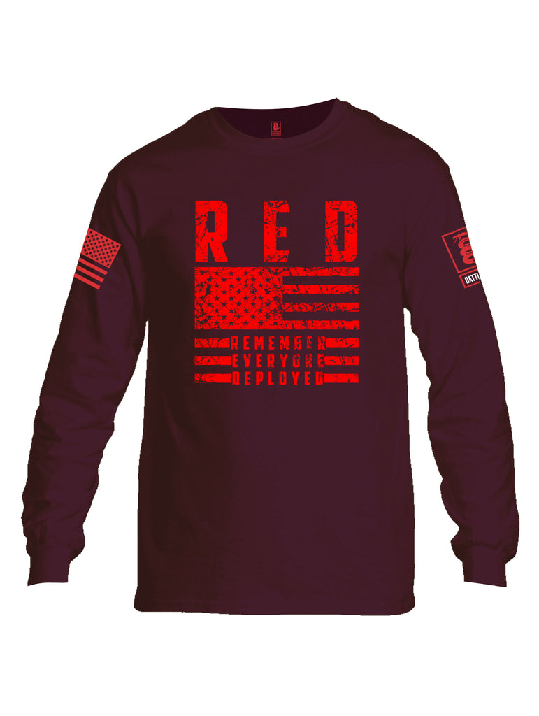 Battleraddle RED Remember Everyone Deployed Red Sleeve Print Mens Cotton Long Sleeve Crew Neck T Shirt