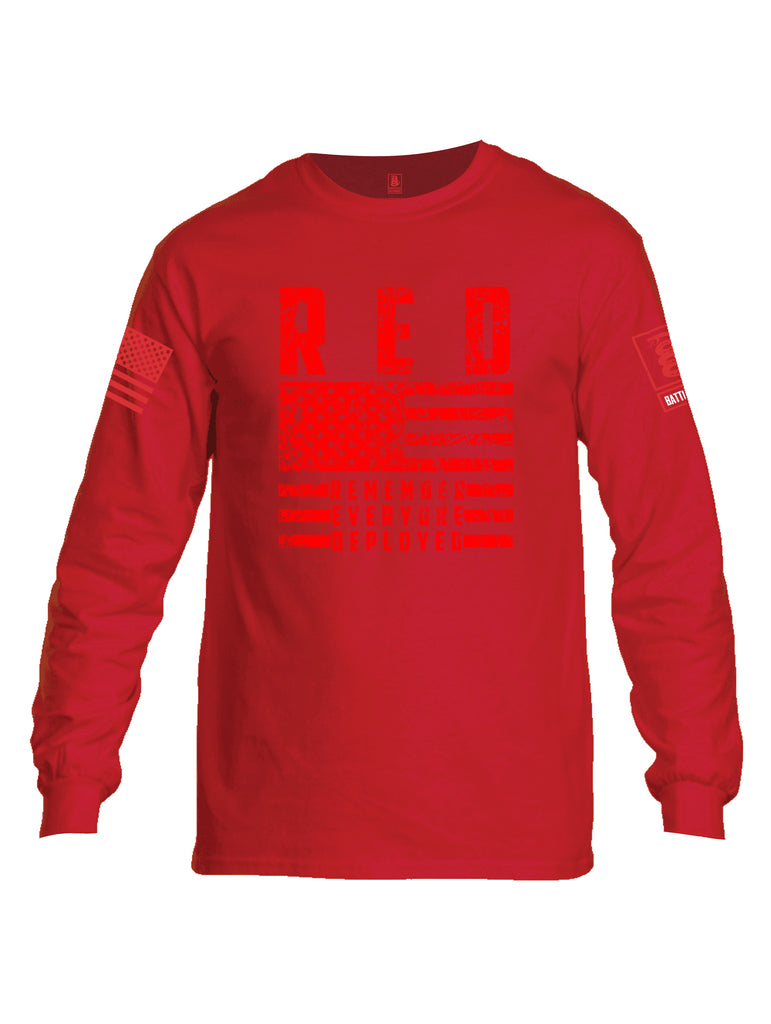 Battleraddle RED Remember Everyone Deployed Red Sleeve Print Mens Cotton Long Sleeve Crew Neck T Shirt