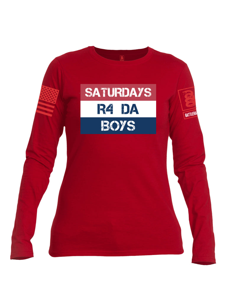 Battleraddle Saturdays R4 Da Boys Red Sleeve Print Womens Cotton Long Sleeve Crew Neck T Shirt