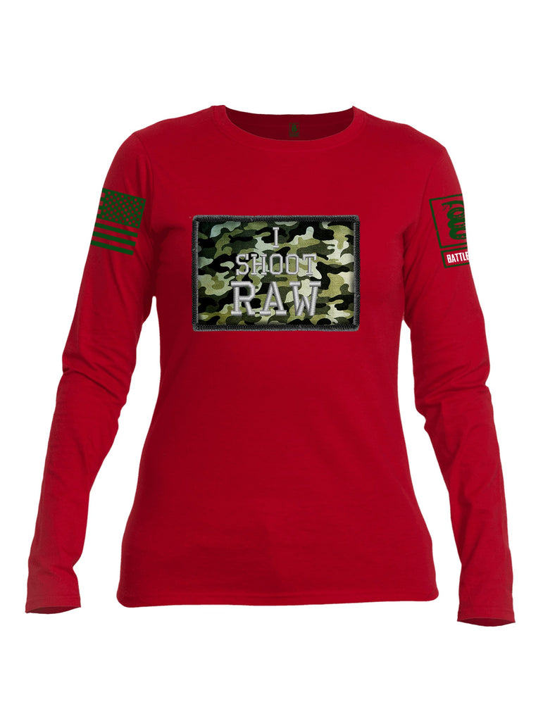 Battleraddle I Shoot Raw Green Sleeve Print Womens Cotton Long Sleeve Crew Neck T Shirt