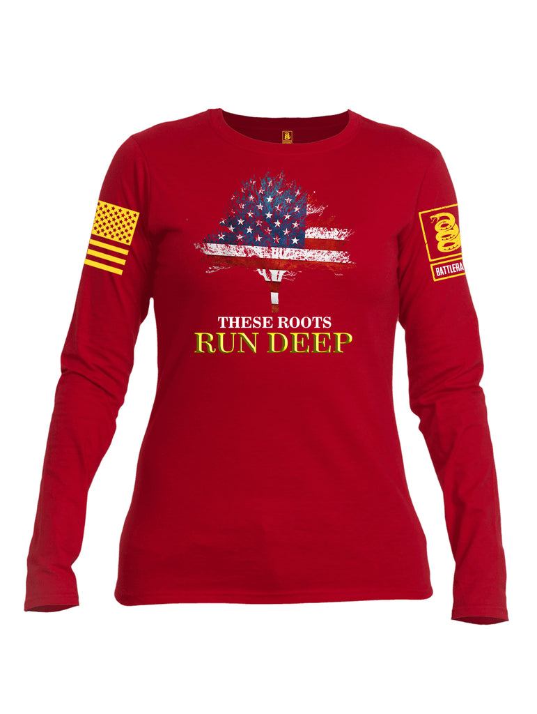 Battleraddle These Roots Run Deep Yellow Sleeve Print Womens Cotton Long Sleeve Crew Neck T Shirt