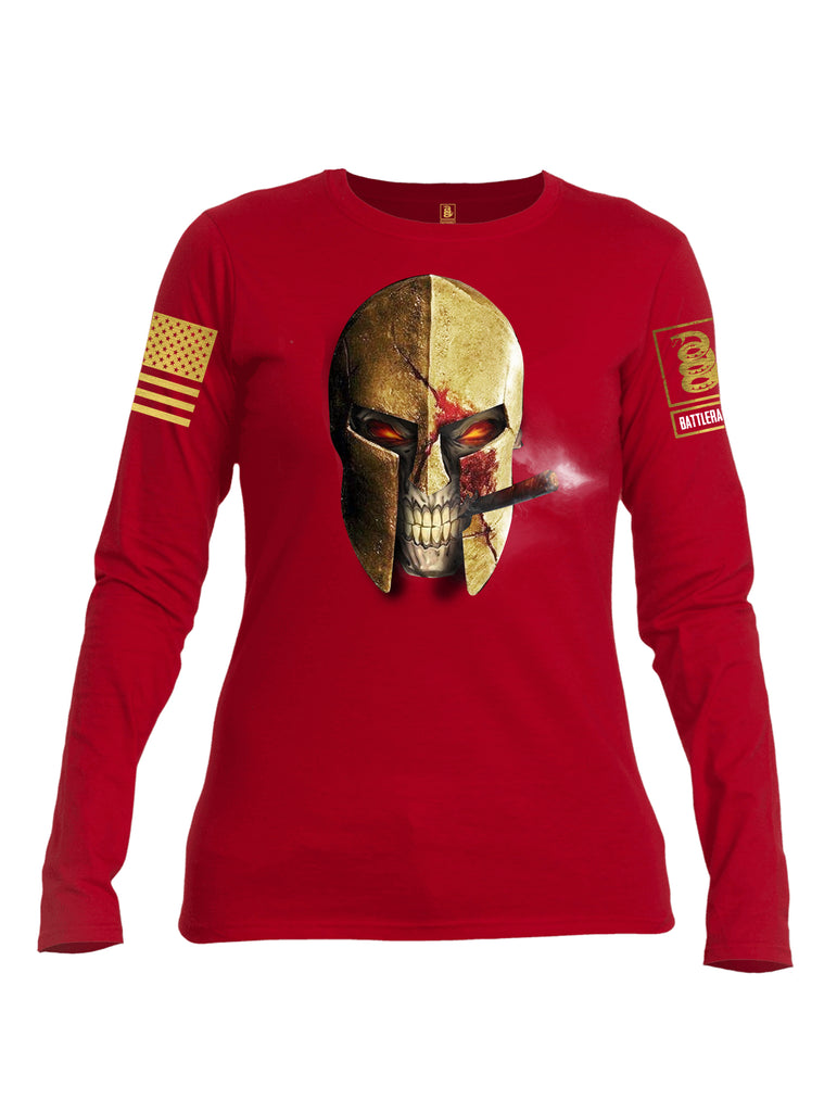 Battleraddle Smoking Spartan Brass Skull Brass Sleeve Print Womens Cotton Long Sleeve Crew Neck T Shirt