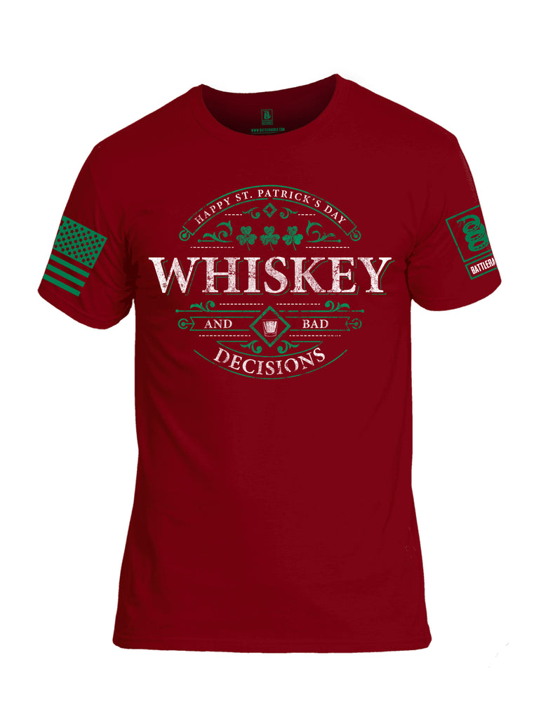 Battleraddle Happy ST. Patrick's Day Whiskey And Bad Decisions Green Sleeve Print Mens Cotton Crew Neck T Shirt