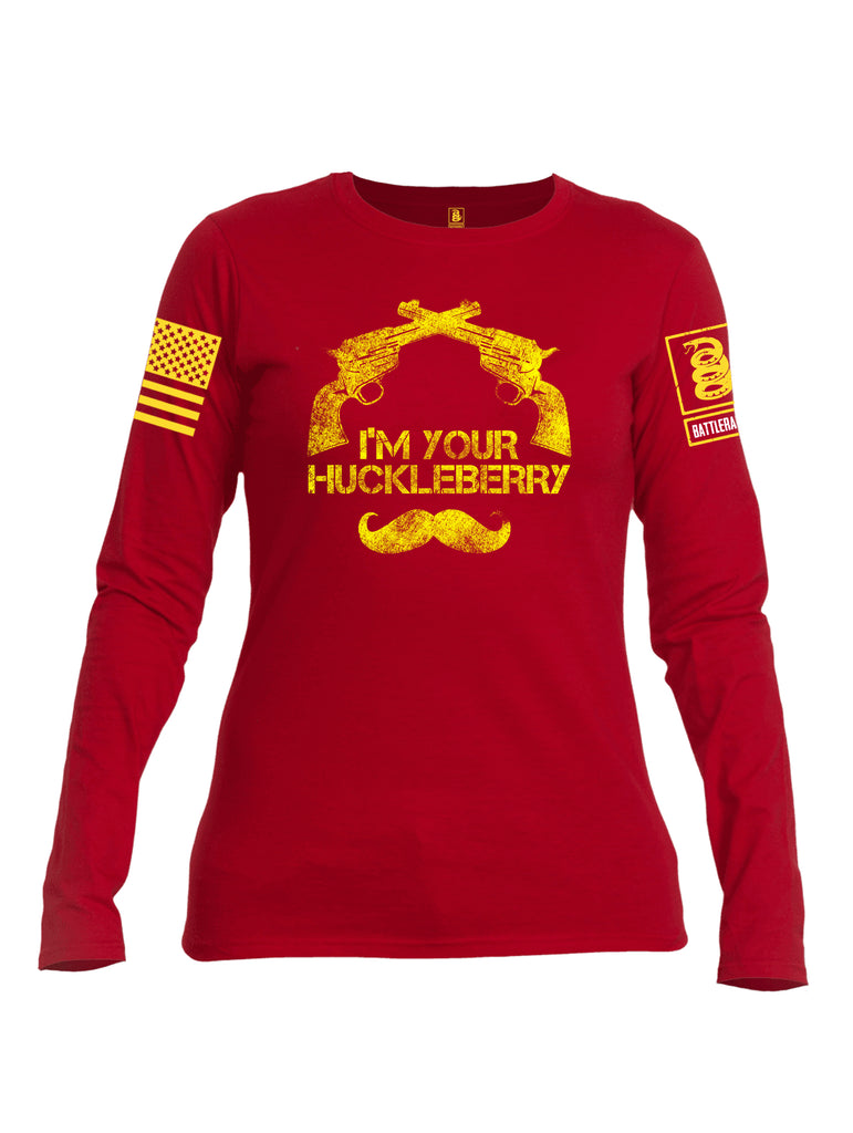 Battleraddle I'm Your Huckleberry Yellow Sleeve Print Womens Cotton Long Sleeve Crew Neck T Shirt