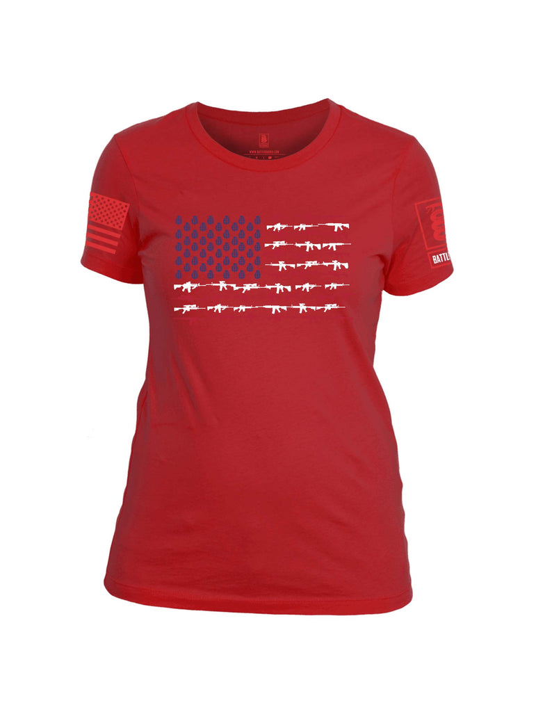 Battleraddle Rifle Gun Flag Red Sleeve Print Womens 100% Battlefit Polyester Crew Neck T Shirt