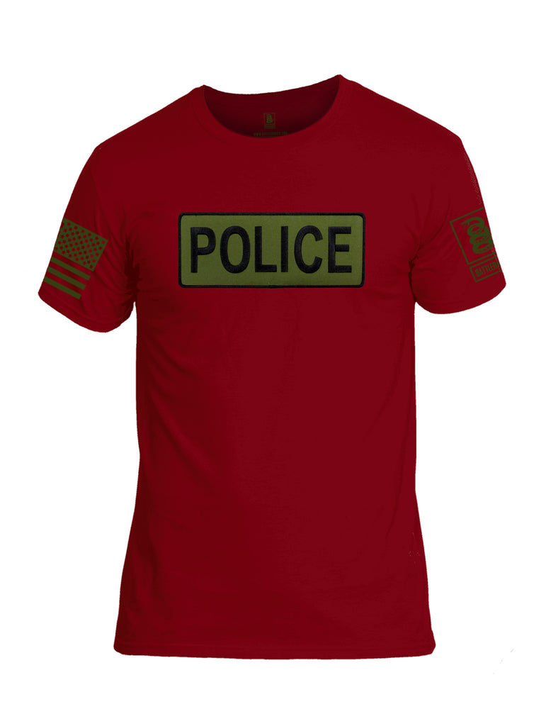 Battleraddle Police Patch Dark Green Sleeve Print Mens Cotton Crew Neck T Shirt