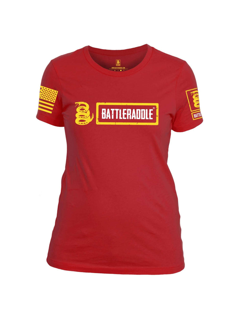 Battleraddle Original Design Logo V1 Yellow Sleeve Print Womens Cotton Crew Neck T Shirt shirt|custom|veterans|Apparel-Womens T Shirt-cotton