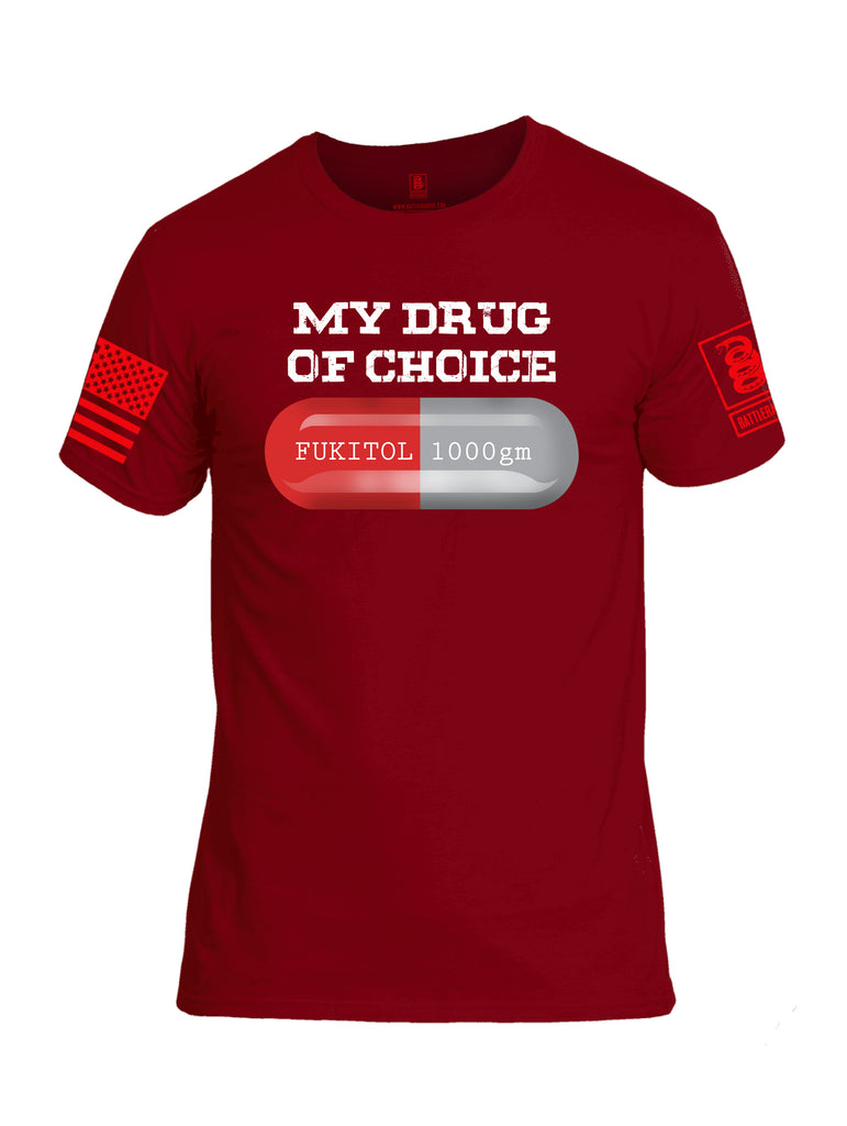 Battleraddle My Drug Of Choice Fukitol 1000gm Red Sleeve Print Mens Cotton Crew Neck T Shirt