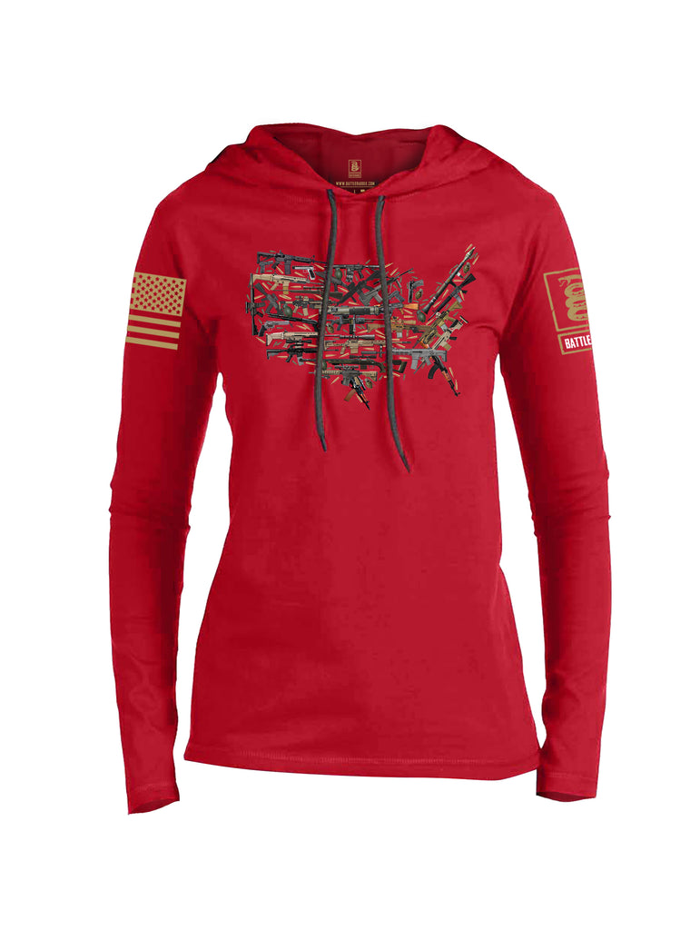 Battleraddle USA Rifle Land Brass Sleeve Print Womens Thin Cotton Lightweight Hoodie