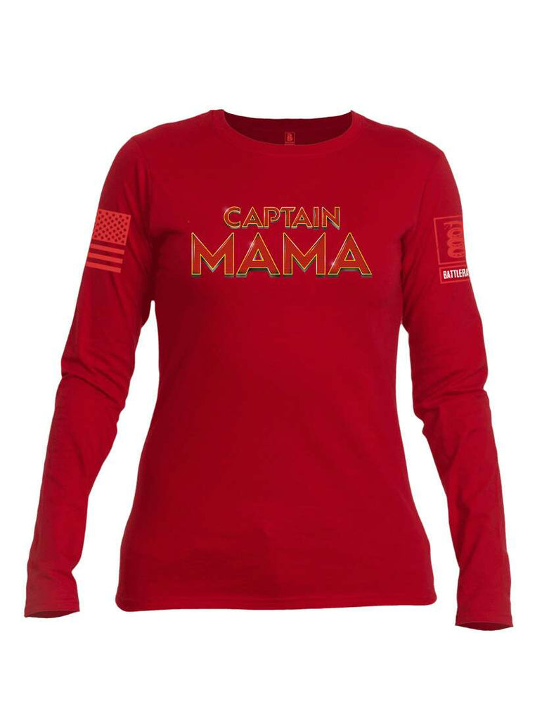 Battleraddle Captain Mama Red Sleeve Print Womens Cotton Long Sleeve Crew Neck T Shirt