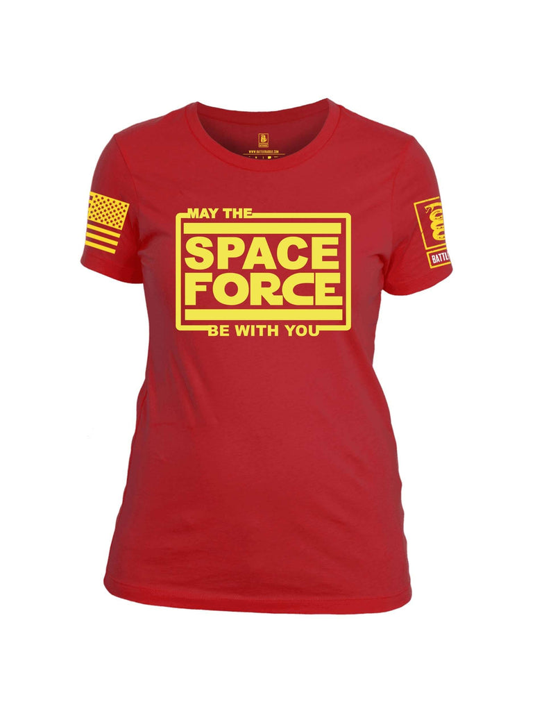 Battleraddle May The Space Force Be With You Yellow Sleeve Print Womens 100% Battlefit Polyester Crew Neck T Shirt shirt|custom|veterans|Apparel-Womens Shirts-Polyester