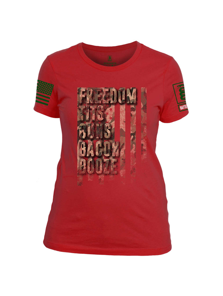 Battleraddle Freedom Tits Guns Bacon Booze Green Sleeve Print Womens Cotton Crew Neck T Shirt