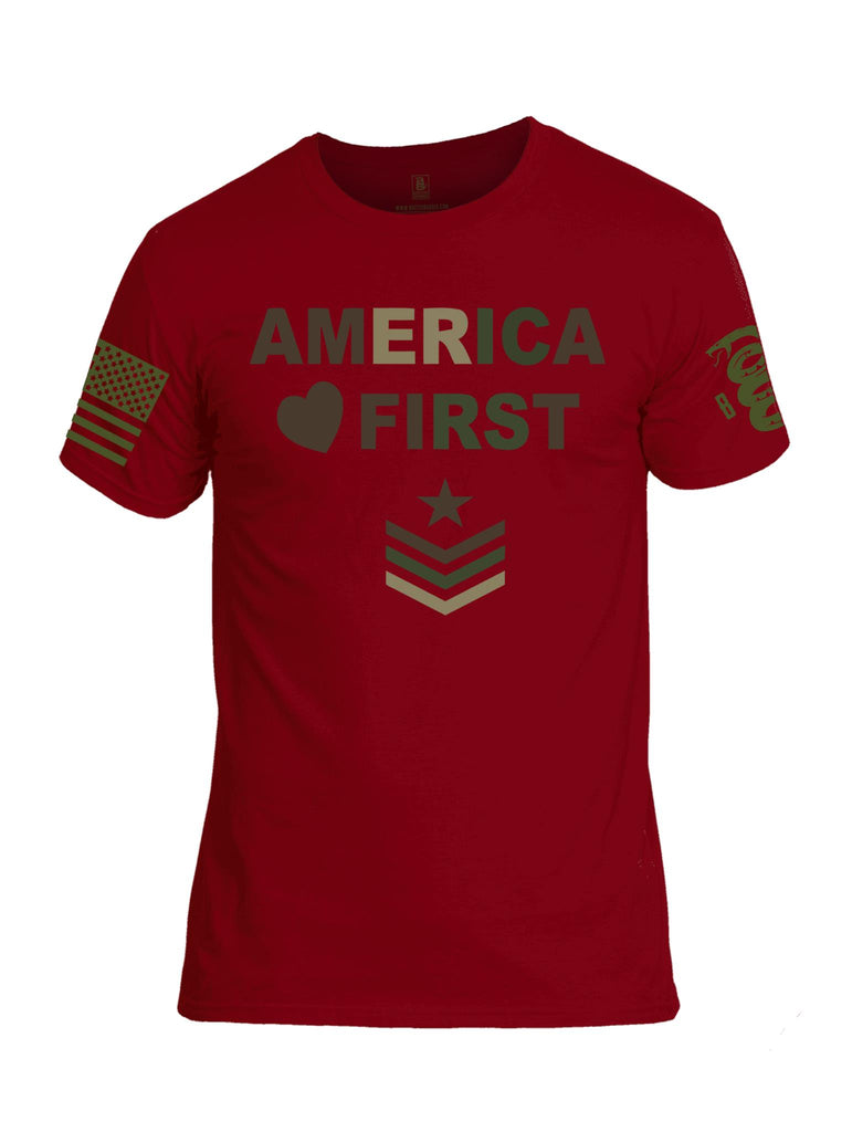 Battleraddle America First Dark Green Sleeve Print Mens Cotton Crew Neck T Shirt - Battleraddle® LLC